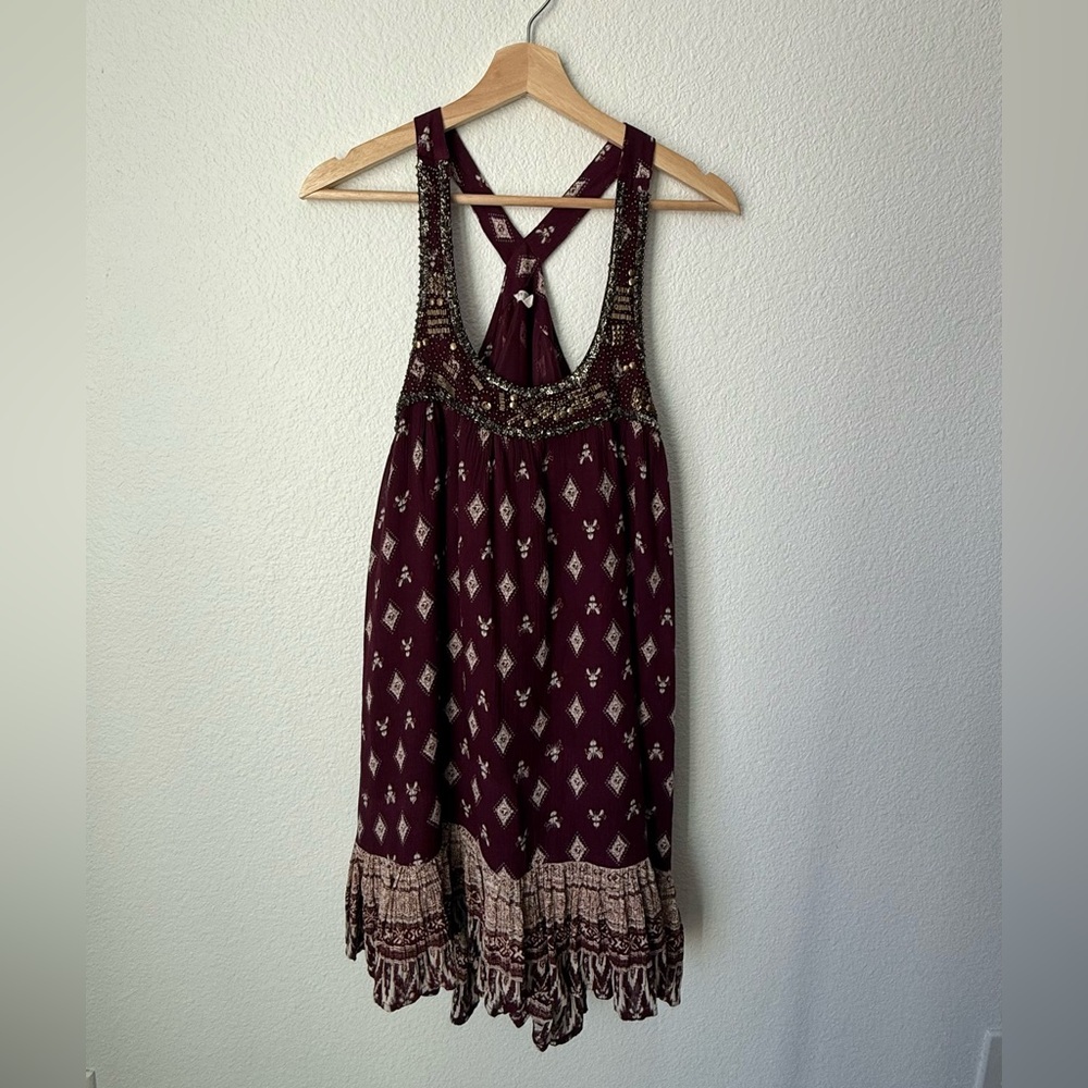 Boho burgundy Embellished Sleeveless Mini Dress